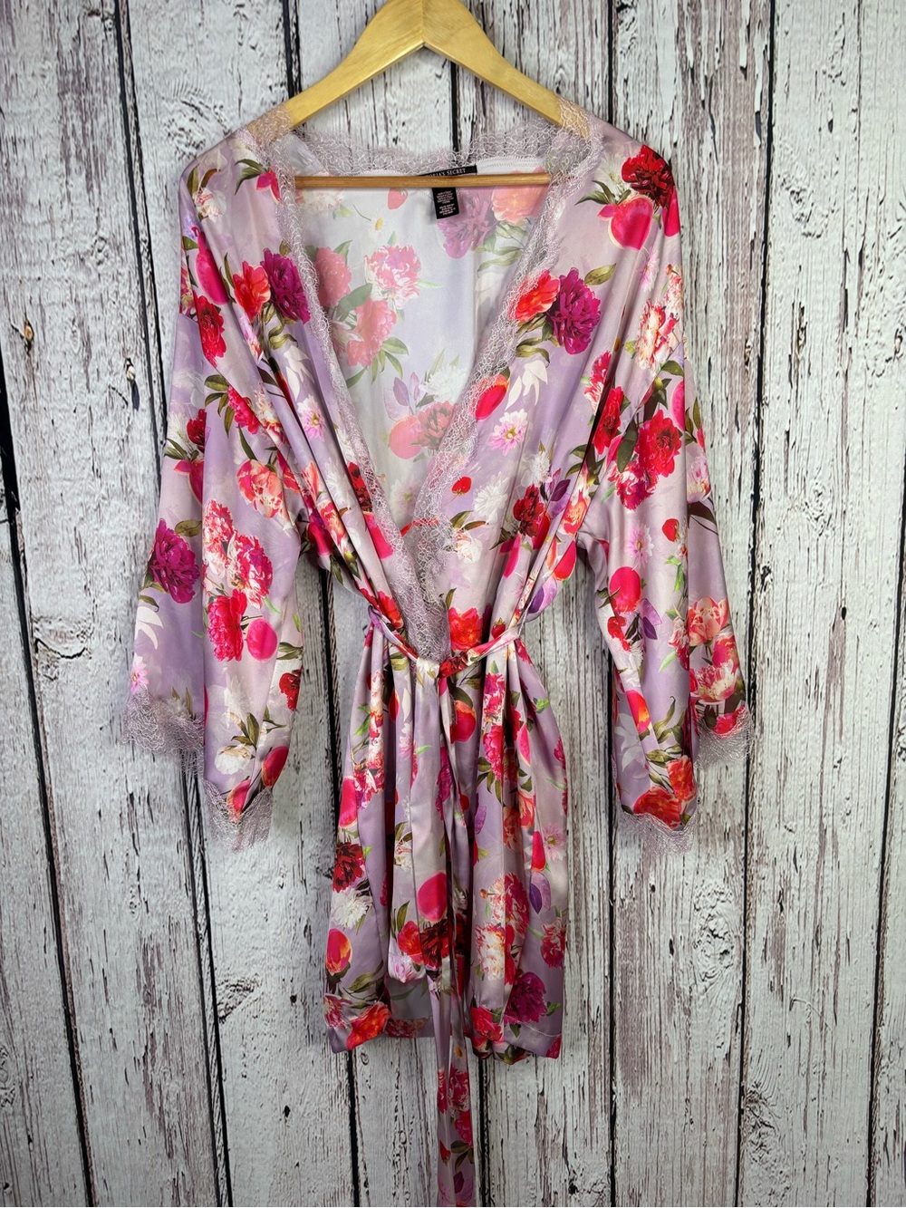 Victoria’s Secret Satin Lace Trim Kimono Robe XS/S Floral Purple Pink Nightwear